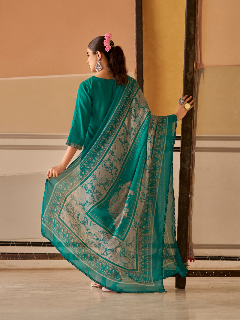 Teal Green Printed Handwork Unstitched Suit Set