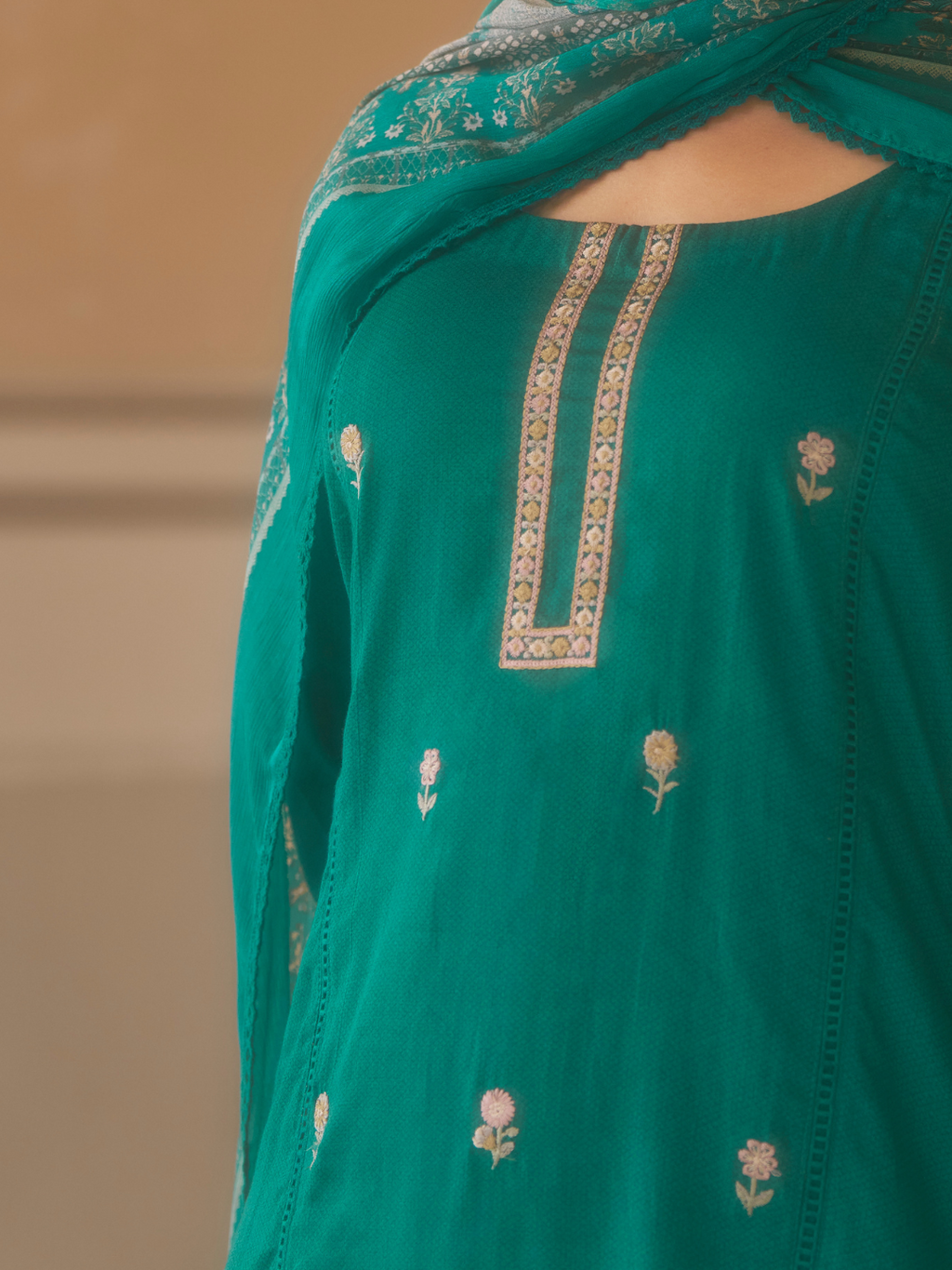 Teal Green Printed Handwork Unstitched Suit Set