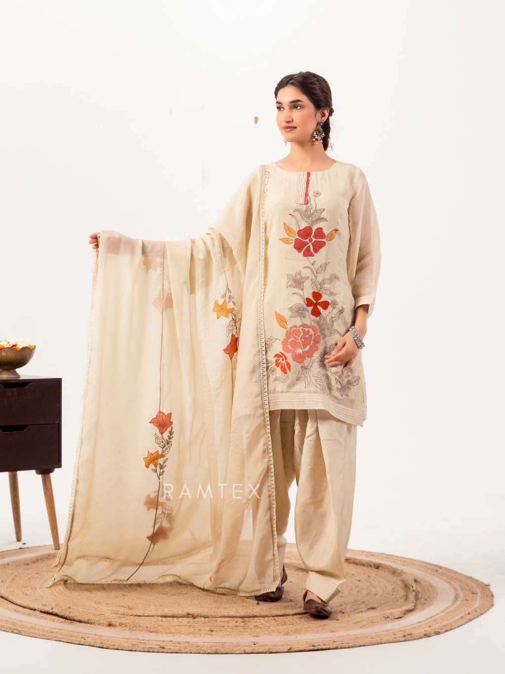 Cream Organza Patchwork Unstitched Suit Set
