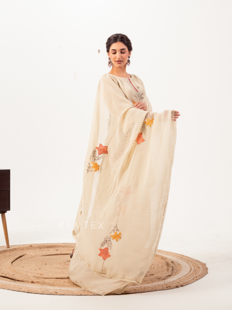 Cream Organza Patchwork Unstitched Suit Set