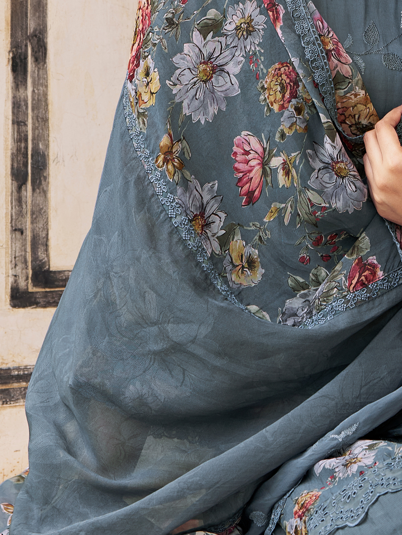 Aegean Teal Organza Printed & Sequin-Embroidered Unstitched Suit Set