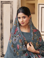 Aegean Teal Organza Printed & Sequin-Embroidered Unstitched Suit Set