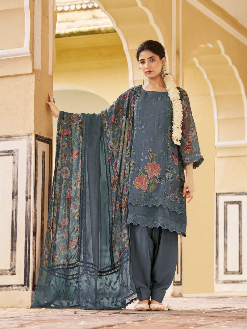 Aegean Teal Organza Printed & Sequin-Embroidered Unstitched Suit Set