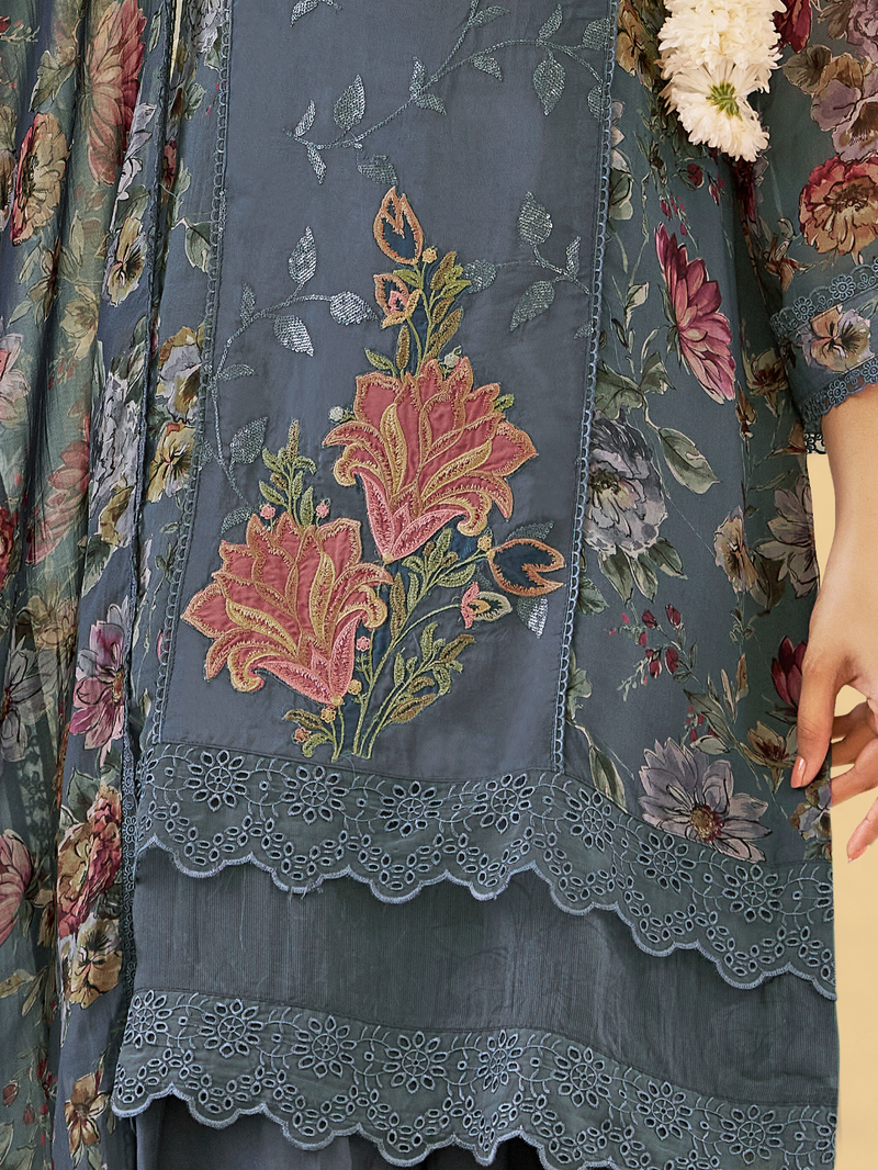 Aegean Teal Organza Printed & Sequin-Embroidered Unstitched Suit Set
