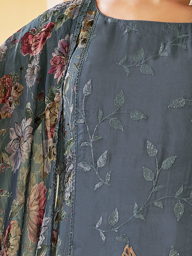 Aegean Teal Organza Printed & Sequin-Embroidered Unstitched Suit Set