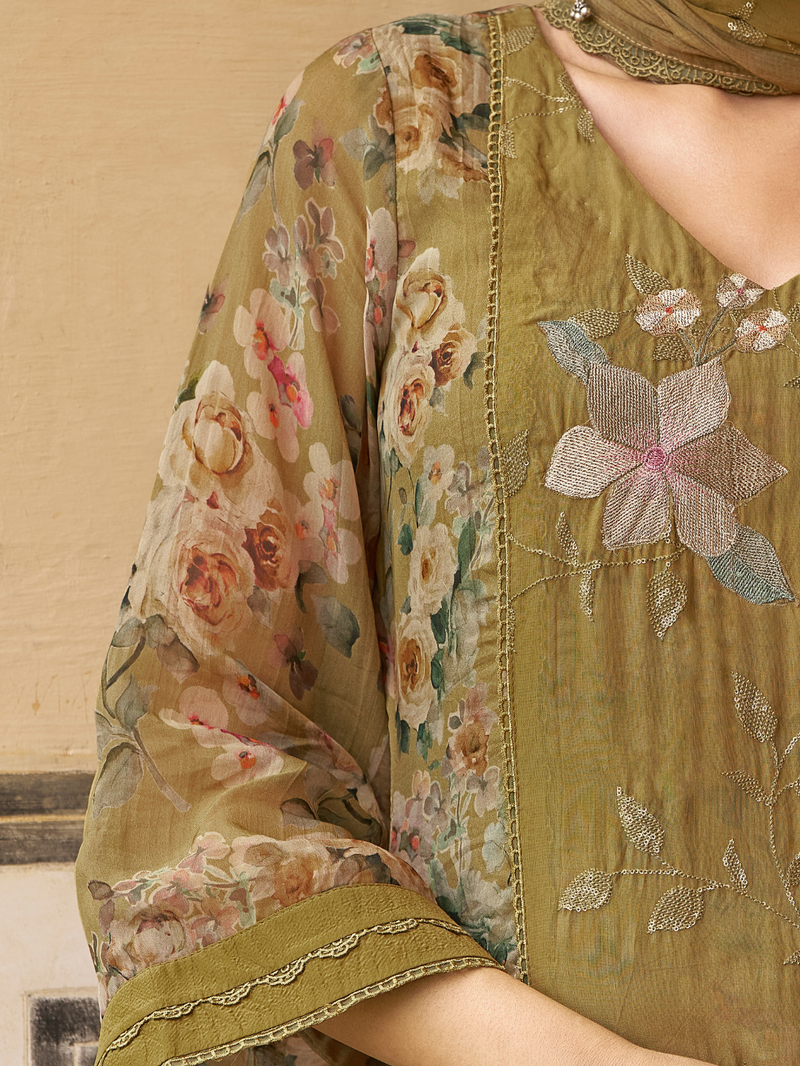 Olive Organza Printed & Sequin-Embroidered Unstitched Suit Set