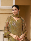 Olive Organza Printed & Sequin-Embroidered Unstitched Suit Set