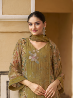 Olive Organza Printed & Sequin-Embroidered Unstitched Suit Set