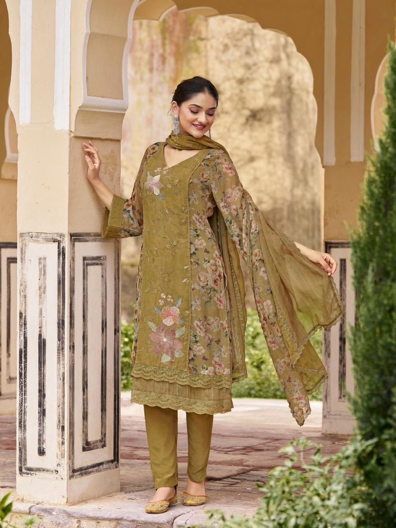 Olive Organza Printed & Sequin-Embroidered Unstitched Suit Set