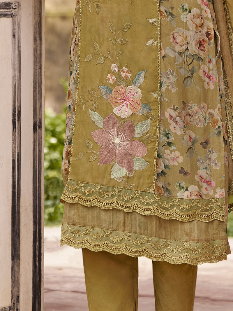 Olive Organza Printed & Sequin-Embroidered Unstitched Suit Set