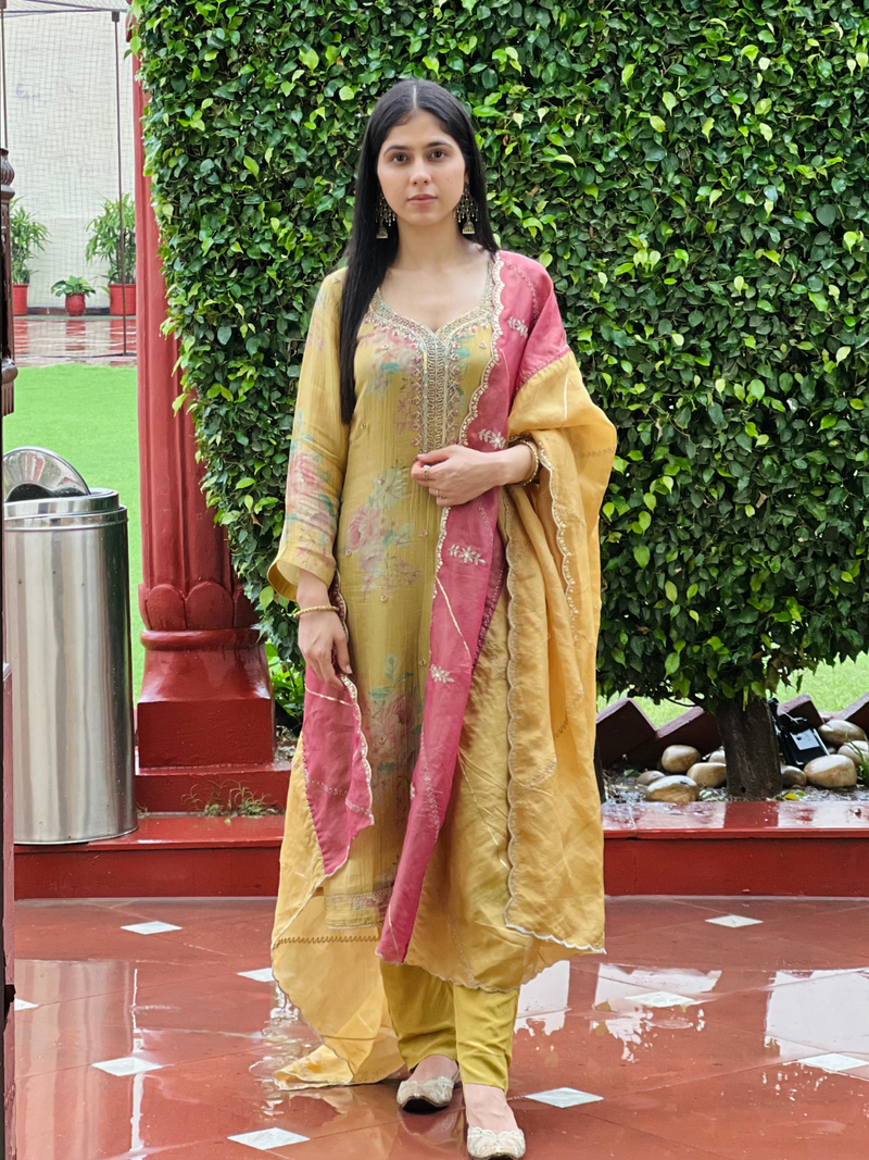 Buttery Silk Unstitched Suit Set Handwork