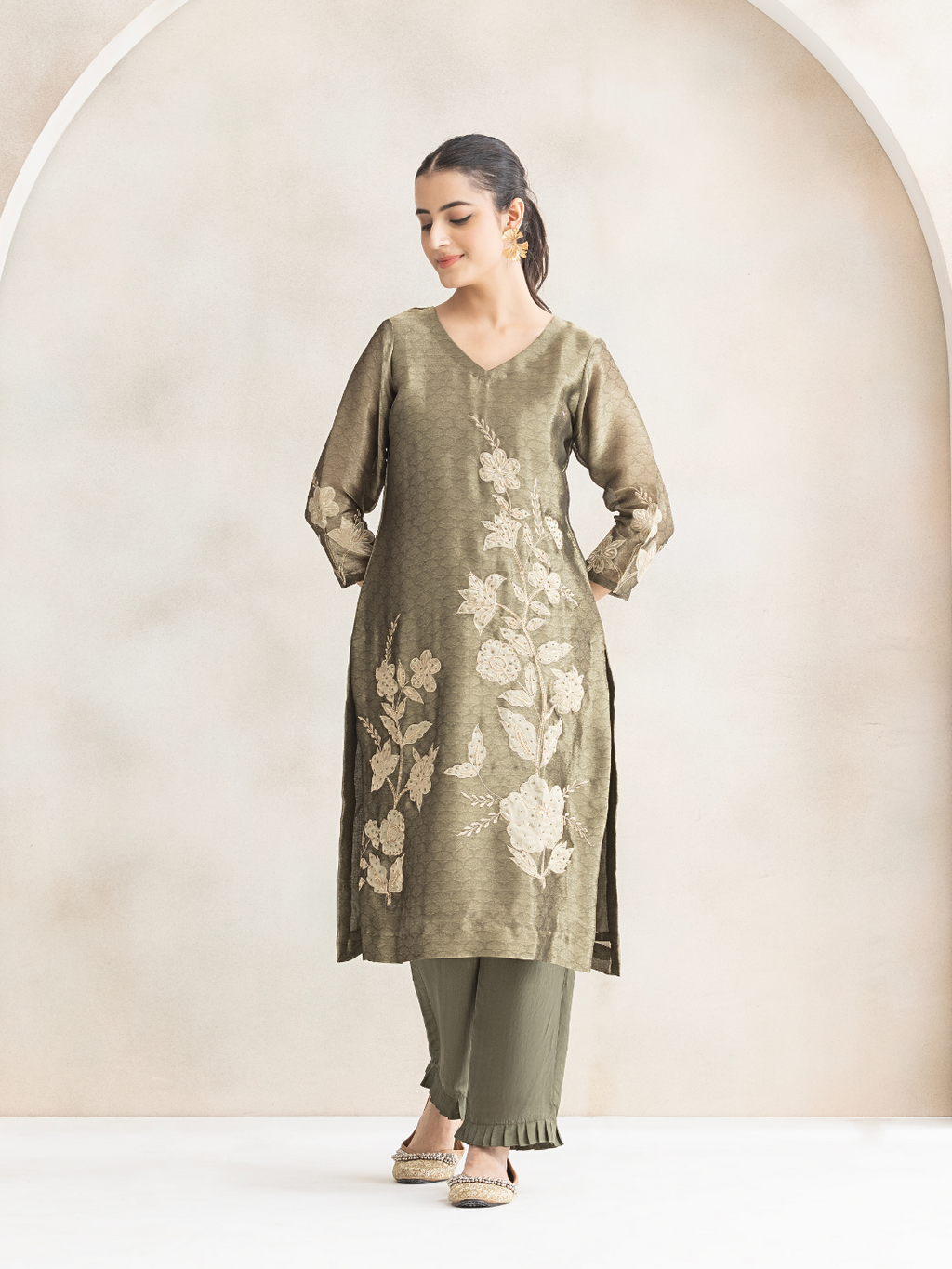 Royal Kanjivaram Jacquard Unstitched Suit Set With Patchwork & Handwork