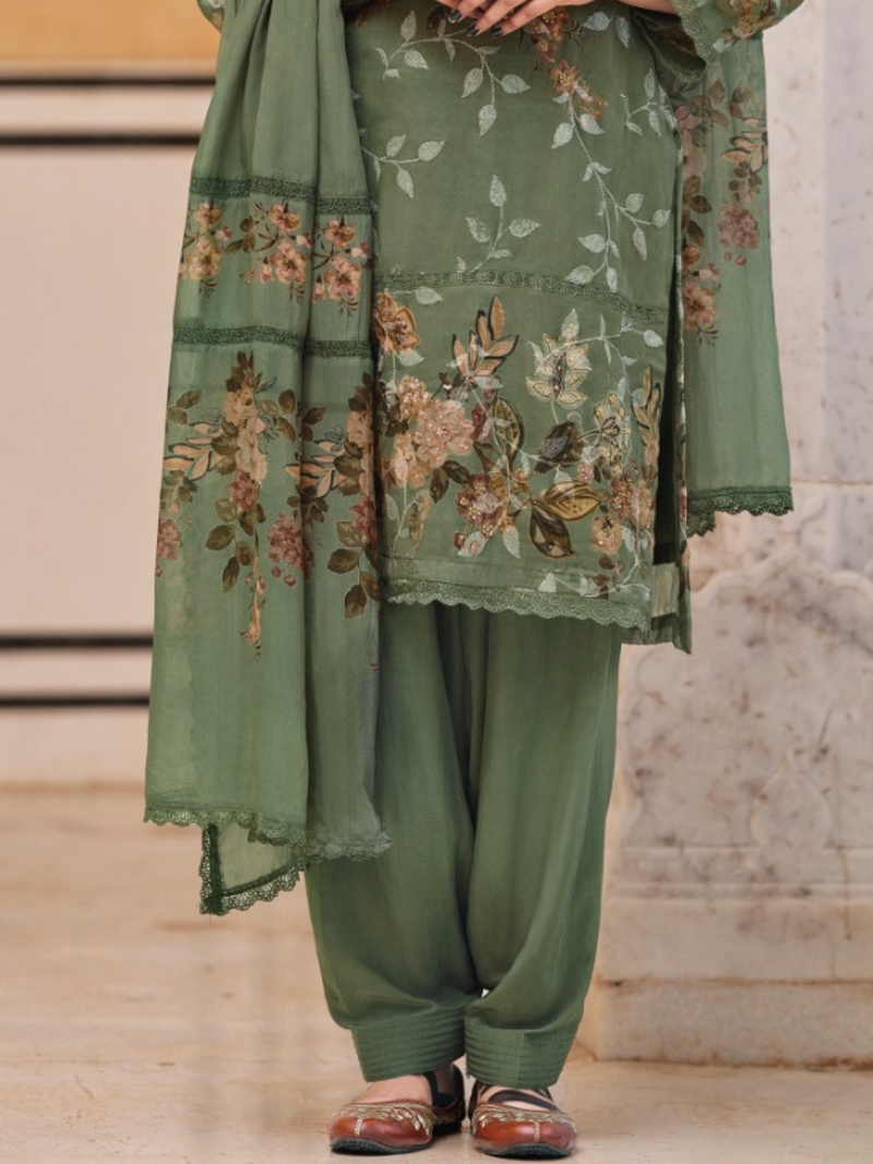 Dark Green Sequins Embroidered Organza Party Wear Unstitched Suit Set