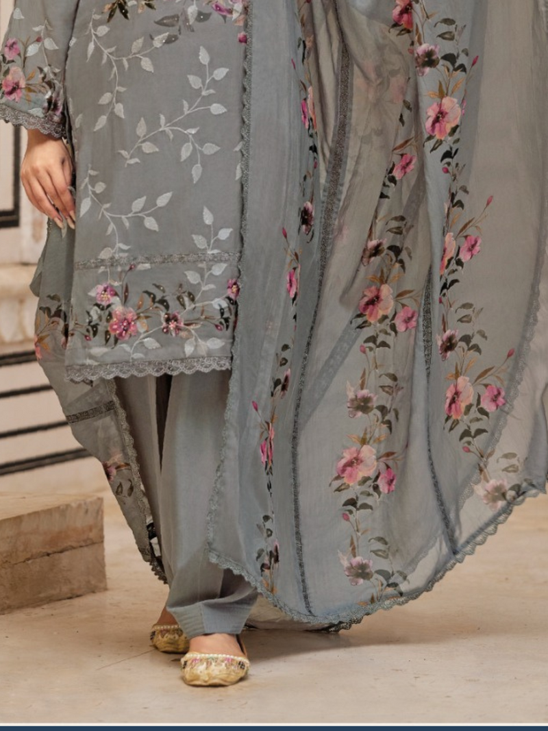 Grey Sequins Embroidered Organza Party Wear Unstitched Suit Set