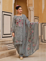 Grey Sequins Embroidered Organza Party Wear Unstitched Suit Set