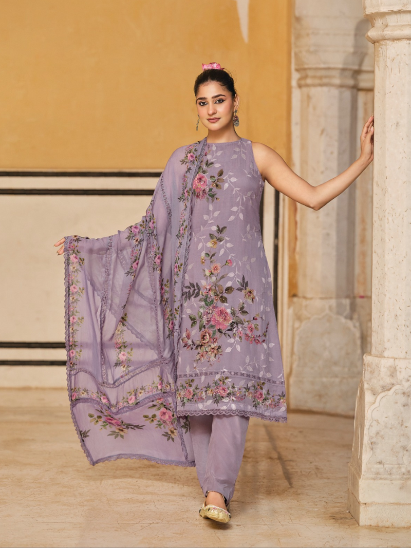 Lavender Sequins Embroidered Organza Party Wear Unstitched Suit Set