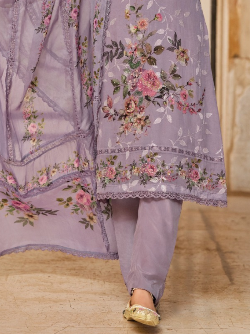 Lavender Sequins Embroidered Organza Party Wear Unstitched Suit Set