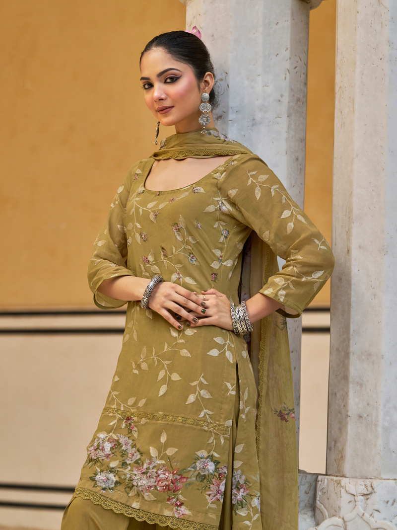 Dark Gold Sequins Embroidered Organza Party Wear Unstitched Suit Set