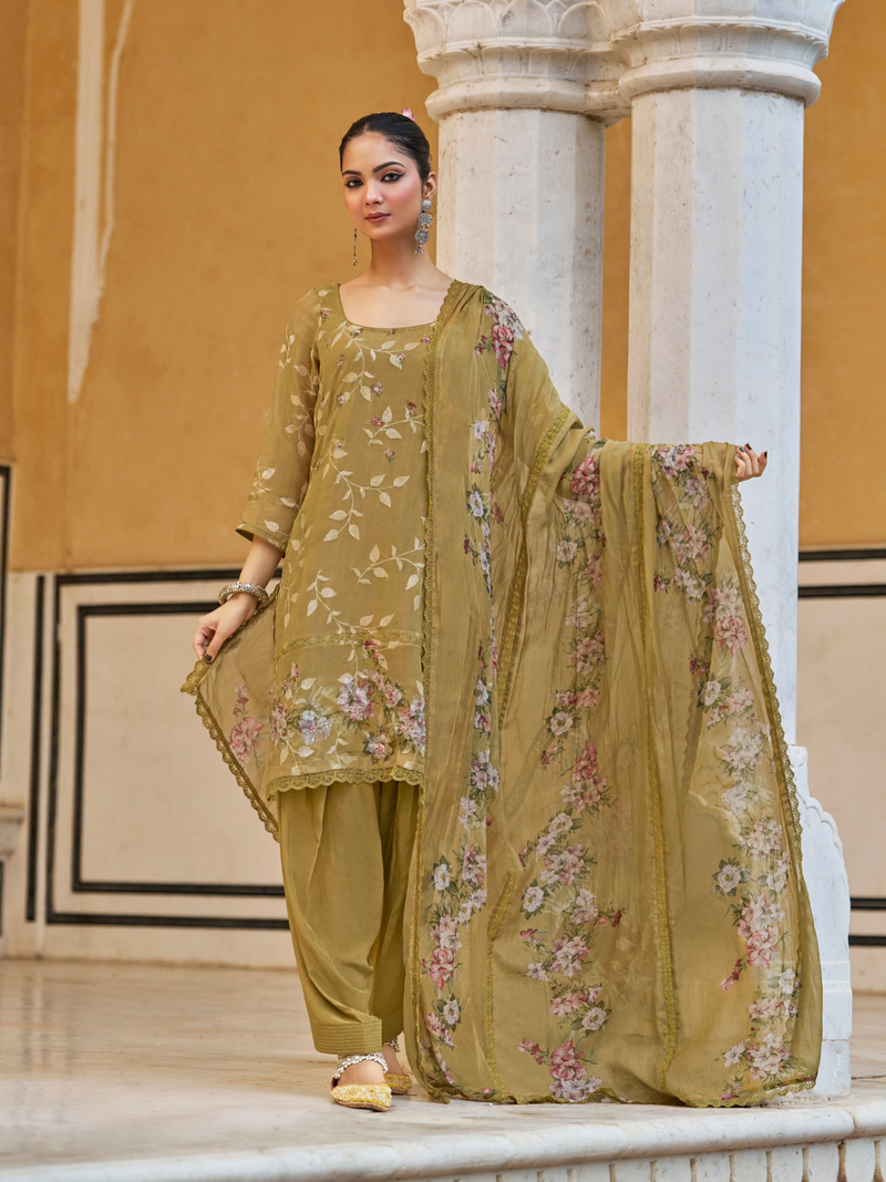 Dark Gold Sequins Embroidered Organza Party Wear Unstitched Suit Set