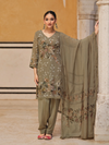 Olive Sequins Embroidered Organza Party Wear Unstitched Suit Set