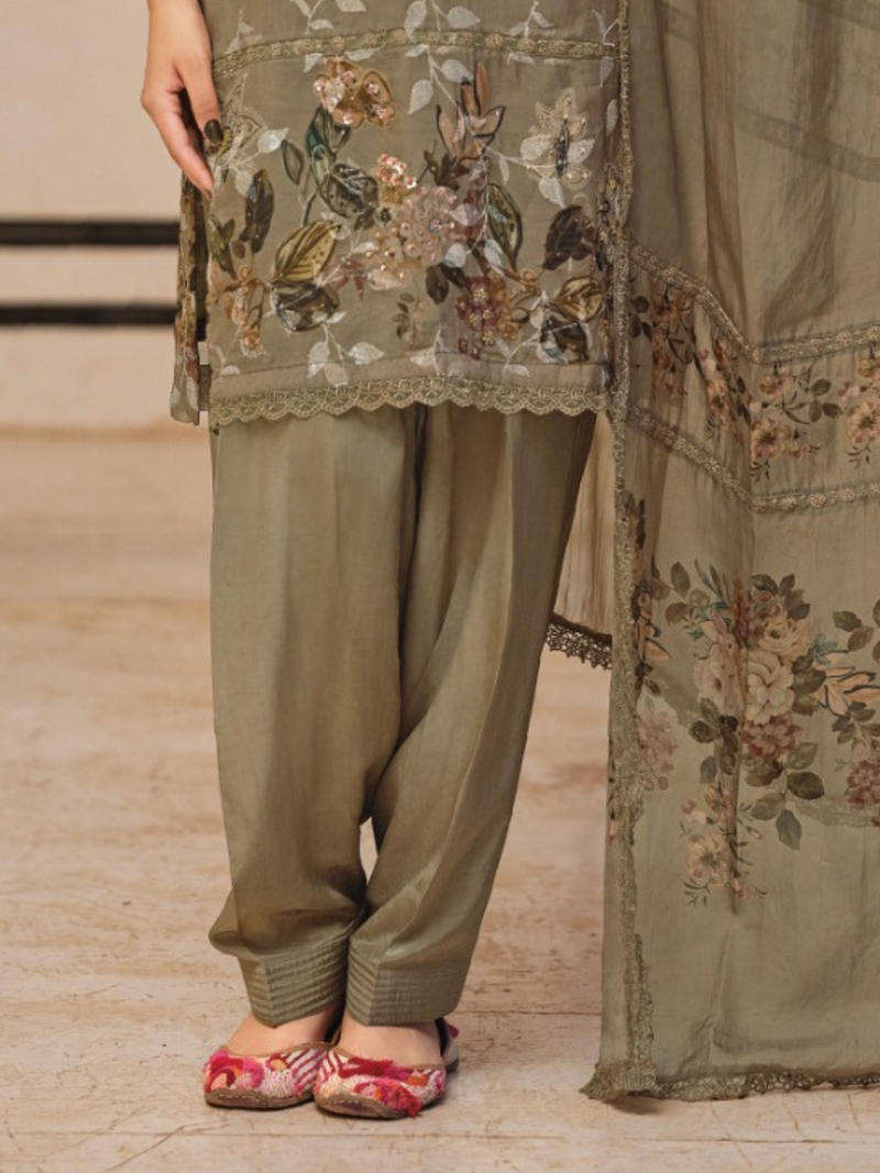 Olive Sequins Embroidered Organza Party Wear Unstitched Suit Set