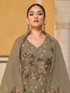 Olive Sequins Embroidered Organza Party Wear Unstitched Suit Set