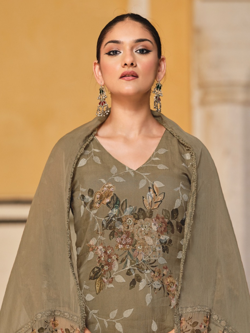 Olive Sequins Embroidered Organza Party Wear Unstitched Suit Set