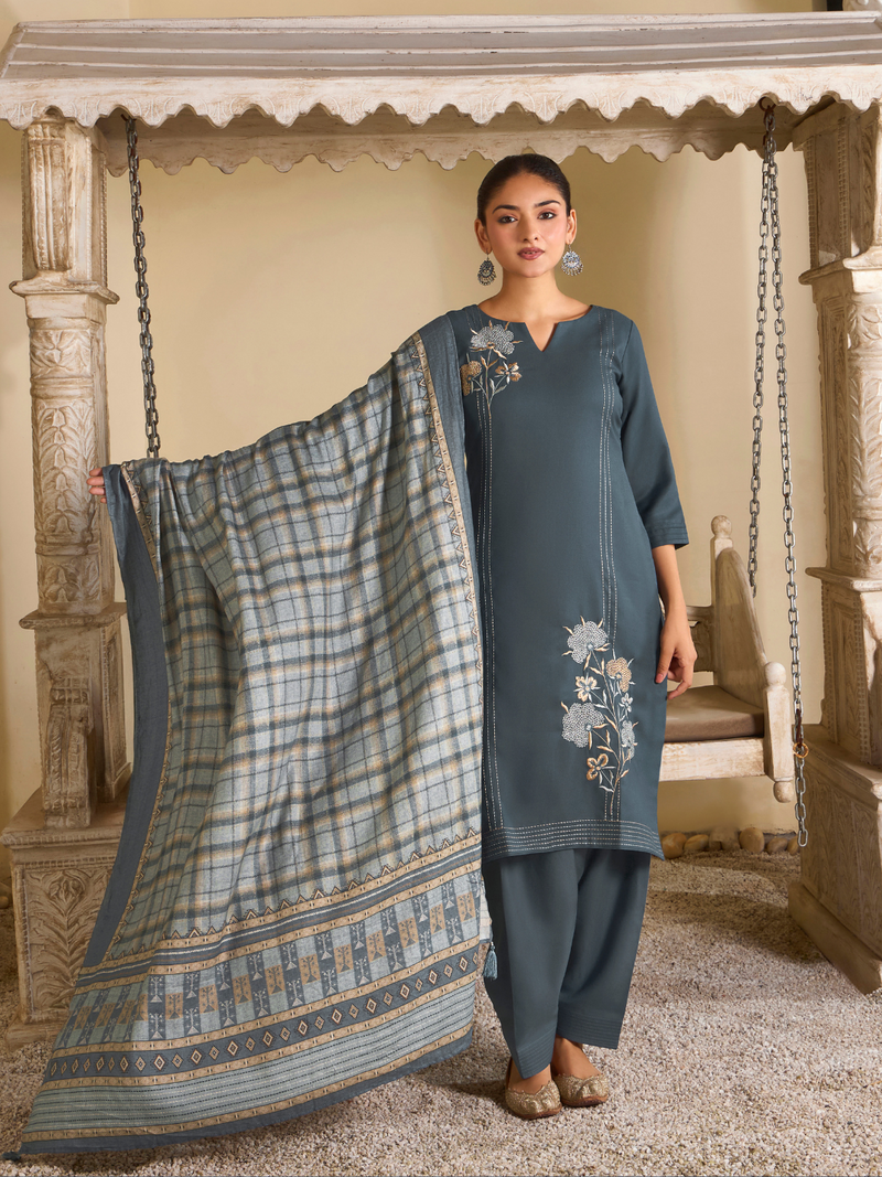 Indian Teal Pashmina Embroidered Unstitched Suit Set with Shawl