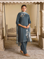 Indian Teal Pashmina Embroidered Unstitched Suit Set with Shawl