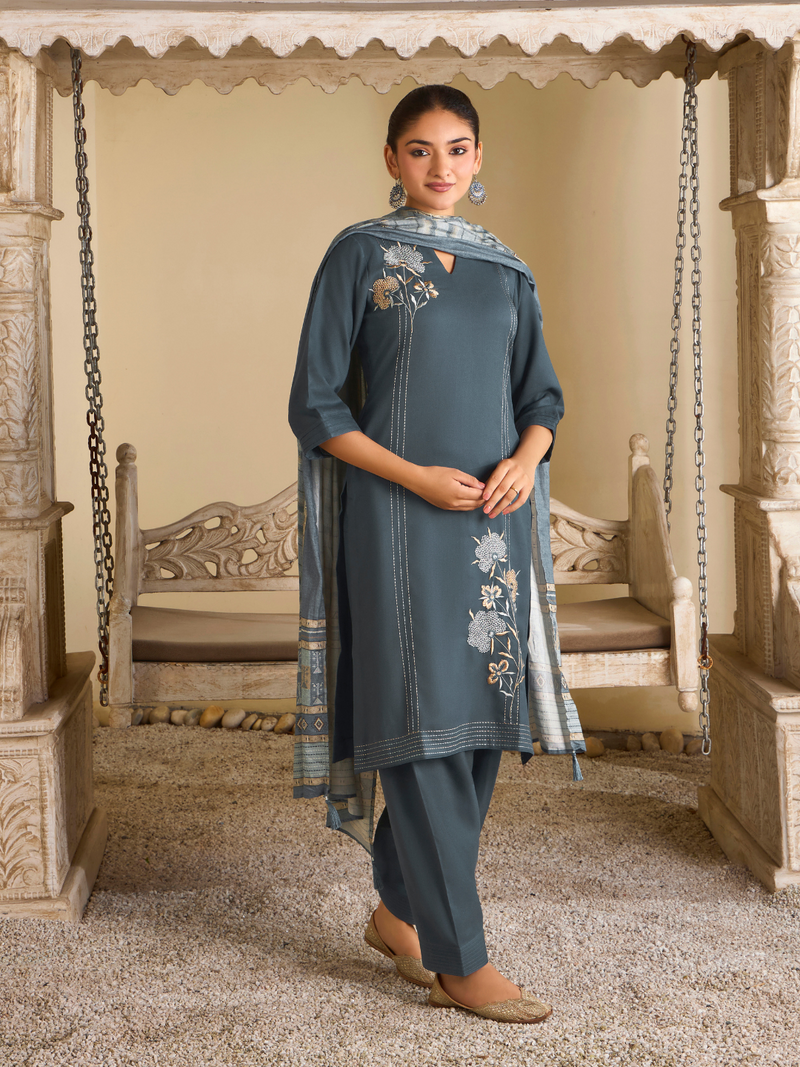 Indian Teal Pashmina Embroidered Unstitched Suit Set with Shawl