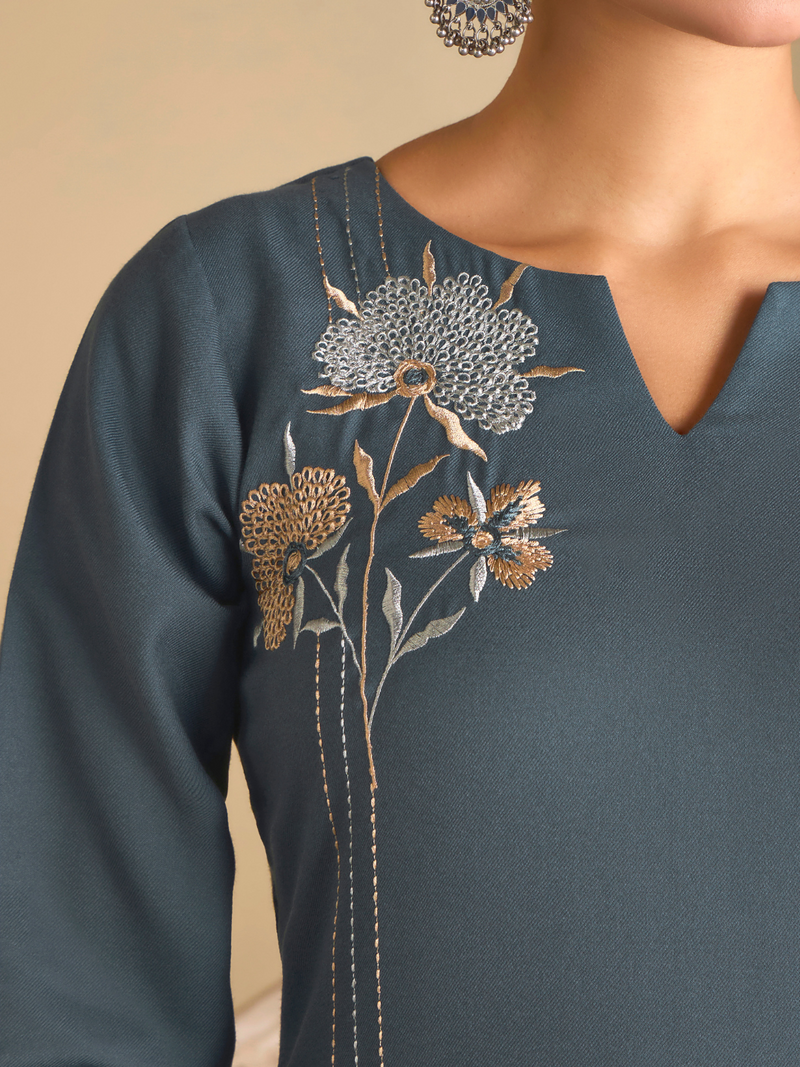 Indian Teal Pashmina Embroidered Unstitched Suit Set with Shawl