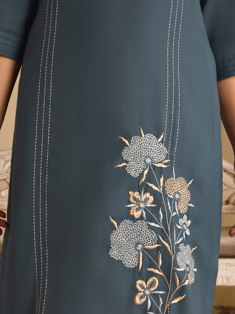 Indian Teal Pashmina Embroidered Unstitched Suit Set with Shawl