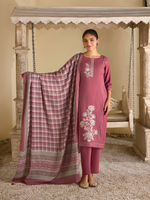 Rouge Pink Pashmina Embroidered Unstitched Suit Set with Shawl