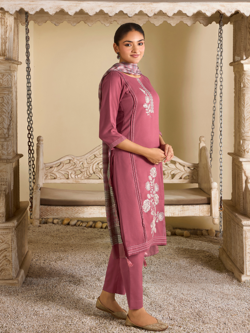 Rouge Pink Pashmina Embroidered Unstitched Suit Set with Shawl