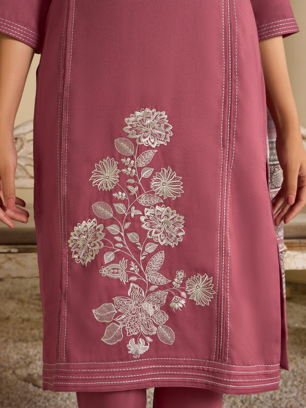 Rouge Pink Pashmina Embroidered Stitched Suit Set with Shawl