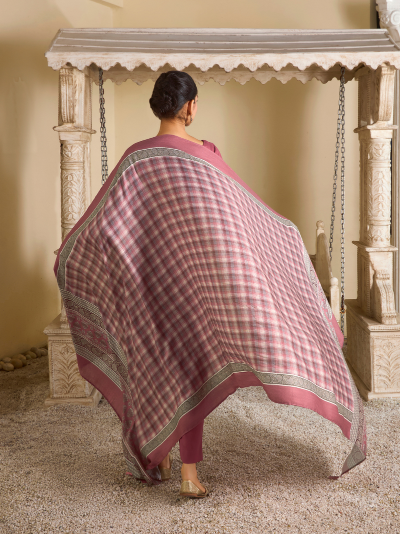 Rouge Pink Pashmina Embroidered Unstitched Suit Set with Shawl