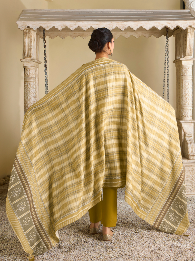 Deep Gold Pashmina Embroidered Unstitched Suit Set with Shawl
