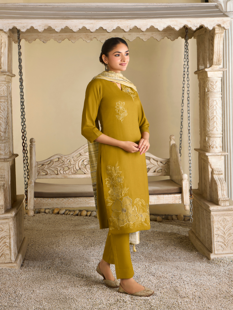 Deep Gold Pashmina Embroidered Unstitched Suit Set with Shawl