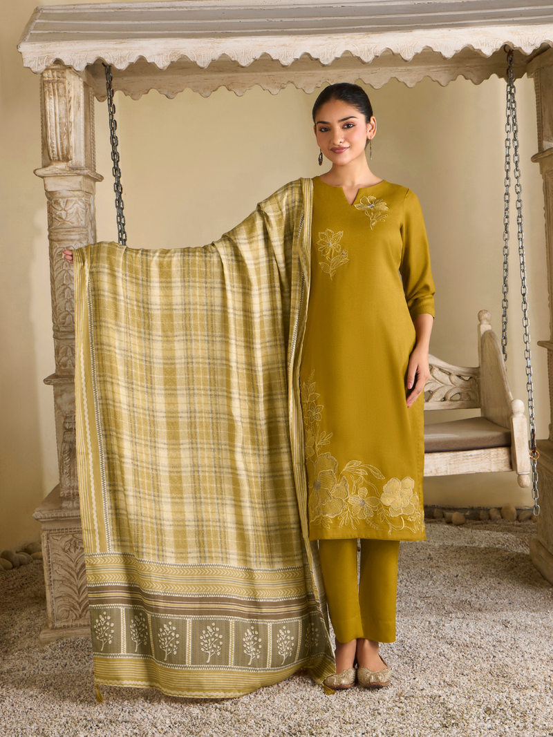 Deep Gold Pashmina Embroidered Unstitched Suit Set with Shawl