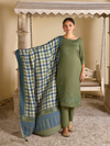 Olive Pashmina Embroidered Unstitched Suit Set with Shawl
