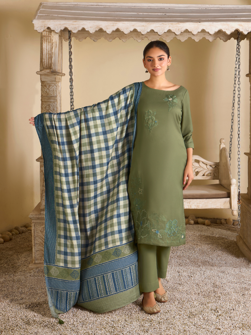 Olive Pashmina Embroidered Unstitched Suit Set with Shawl