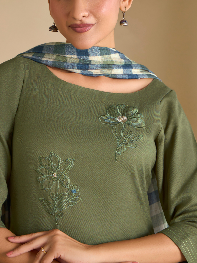 Olive Pashmina Embroidered Unstitched Suit Set with Shawl