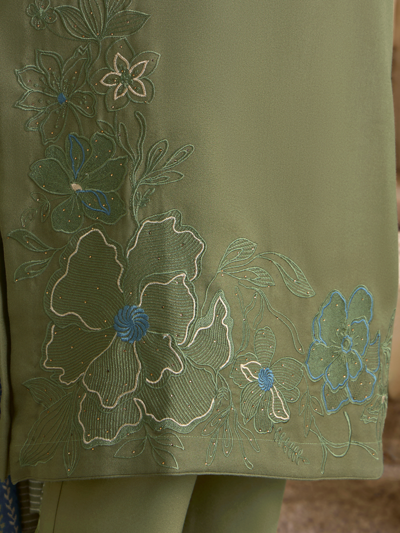 Olive Pashmina Embroidered Unstitched Suit Set with Shawl