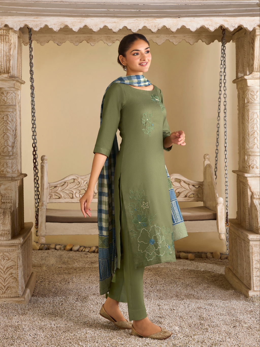 Olive Pashmina Embroidered Unstitched Suit Set with Shawl