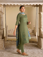 Olive Pashmina Embroidered Unstitched Suit Set with Shawl