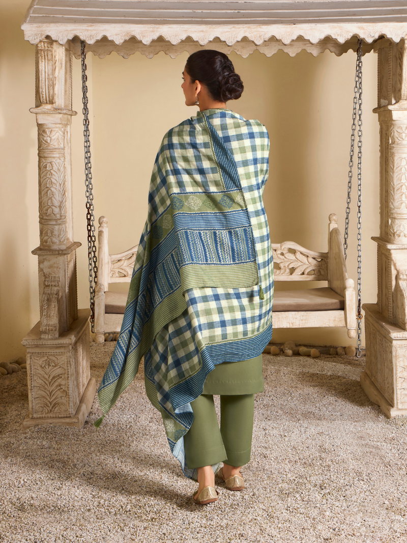 Olive Pashmina Embroidered Unstitched Suit Set with Shawl