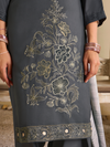 Deep Grey Pashmina Embroidered Unstitched Suit Set with Shawl