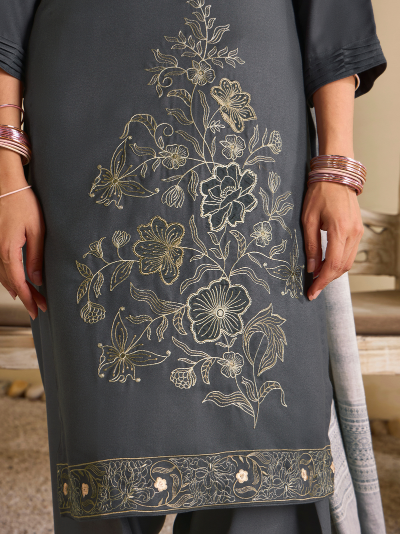 Deep Grey Pashmina Embroidered Unstitched Suit Set with Shawl