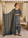 Deep Grey Pashmina Embroidered Unstitched Suit Set with Shawl