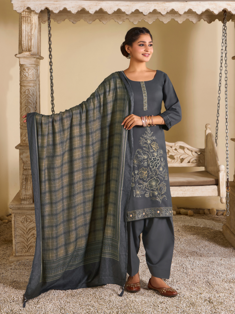 Deep Grey Pashmina Embroidered Unstitched Suit Set with Shawl